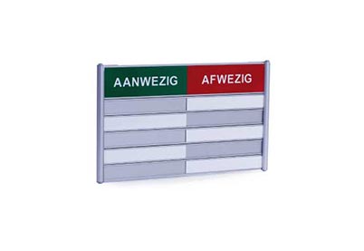 Aan- en Afwezigheidsbord  5 plaatjes, Groen-Rood met gravure